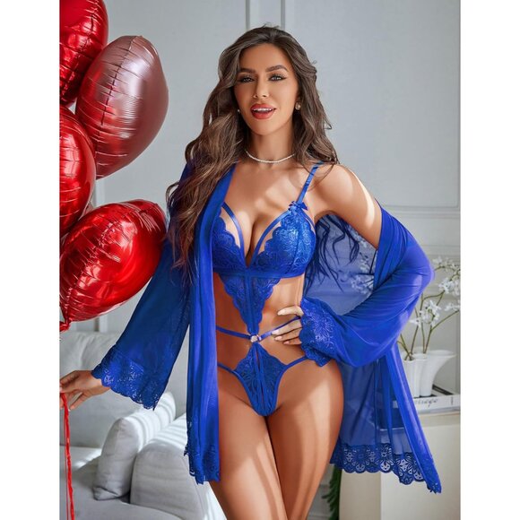 Sensuous Royal Blue Lace Teddy With Scalloped Kimono Robe - Night Delight - Picture 6 of 6